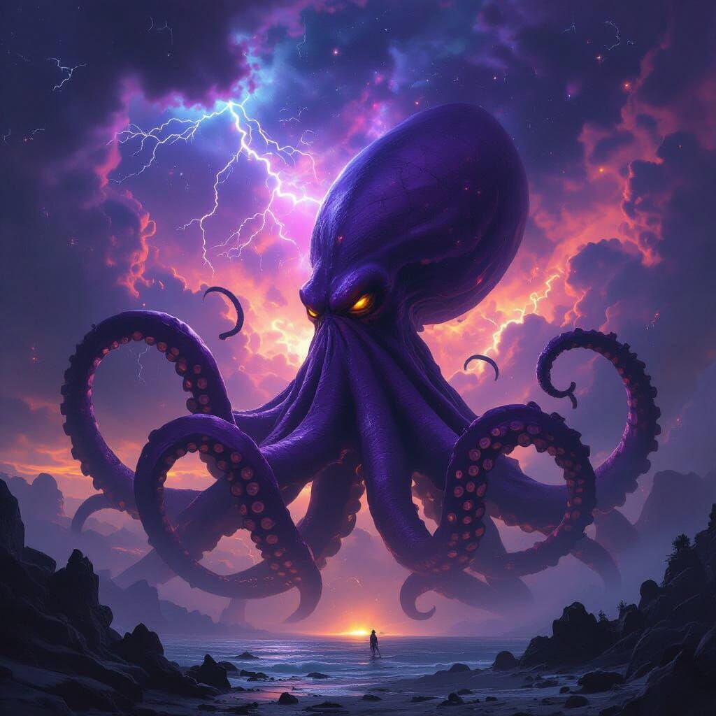 Gigantic Purple Kraken Rising from Nebula