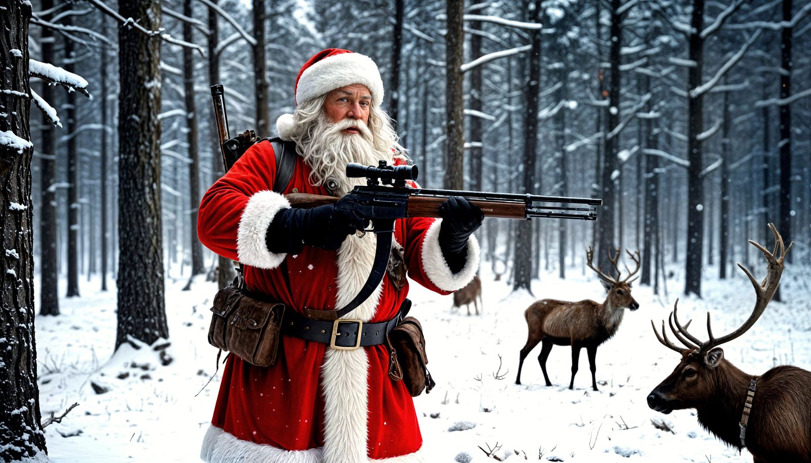 Santa Claus Hunting Reindeer in Snowy Forest