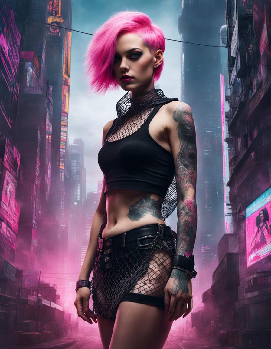 Pink-Haired Punk in Cyberpunk Double Exposure