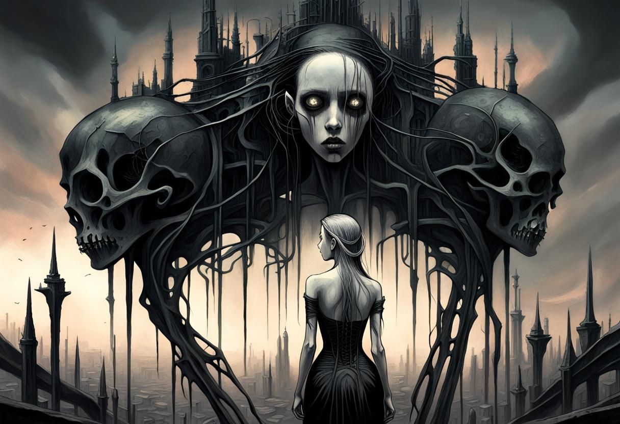 Surreal Biopunk: Worried Girl in Labyrinthine Cityscape