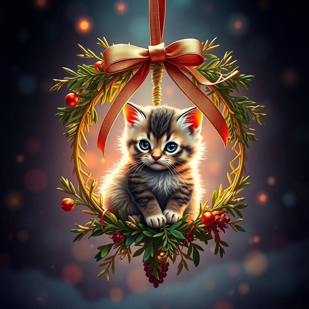 Surreal Gold Wreath with Rainbow Kitten and Mistletoe in a F...