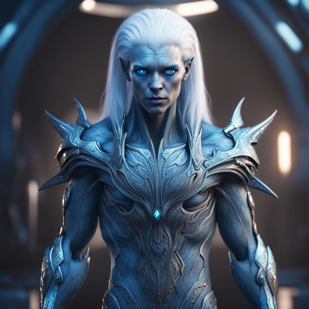 Blue Alien Sirian with Silver Outfit, Detailed Art