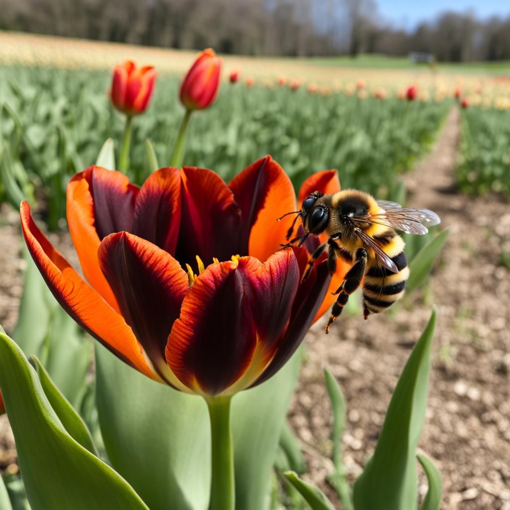 Bee Foraging on Dark Orange Tulip