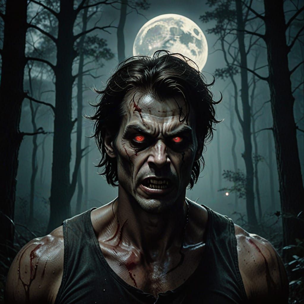 Werewolf Transformation in Dark Woods, Under Full Moon