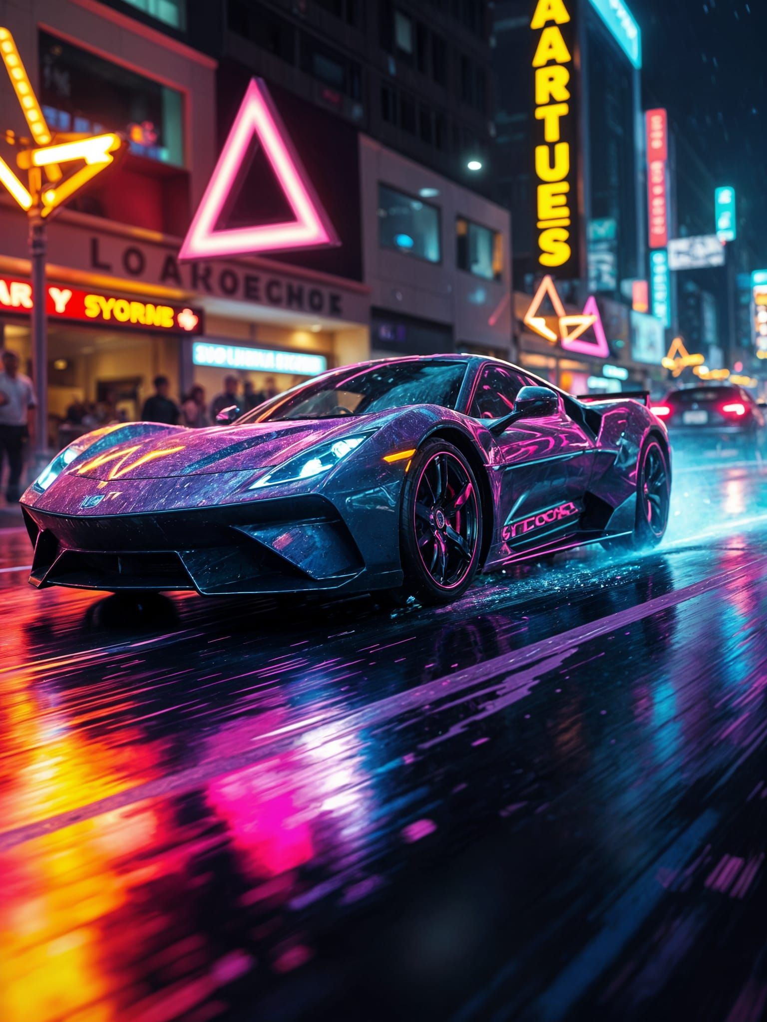 Neon Cityscape Sports Car in Sci-Fi Style