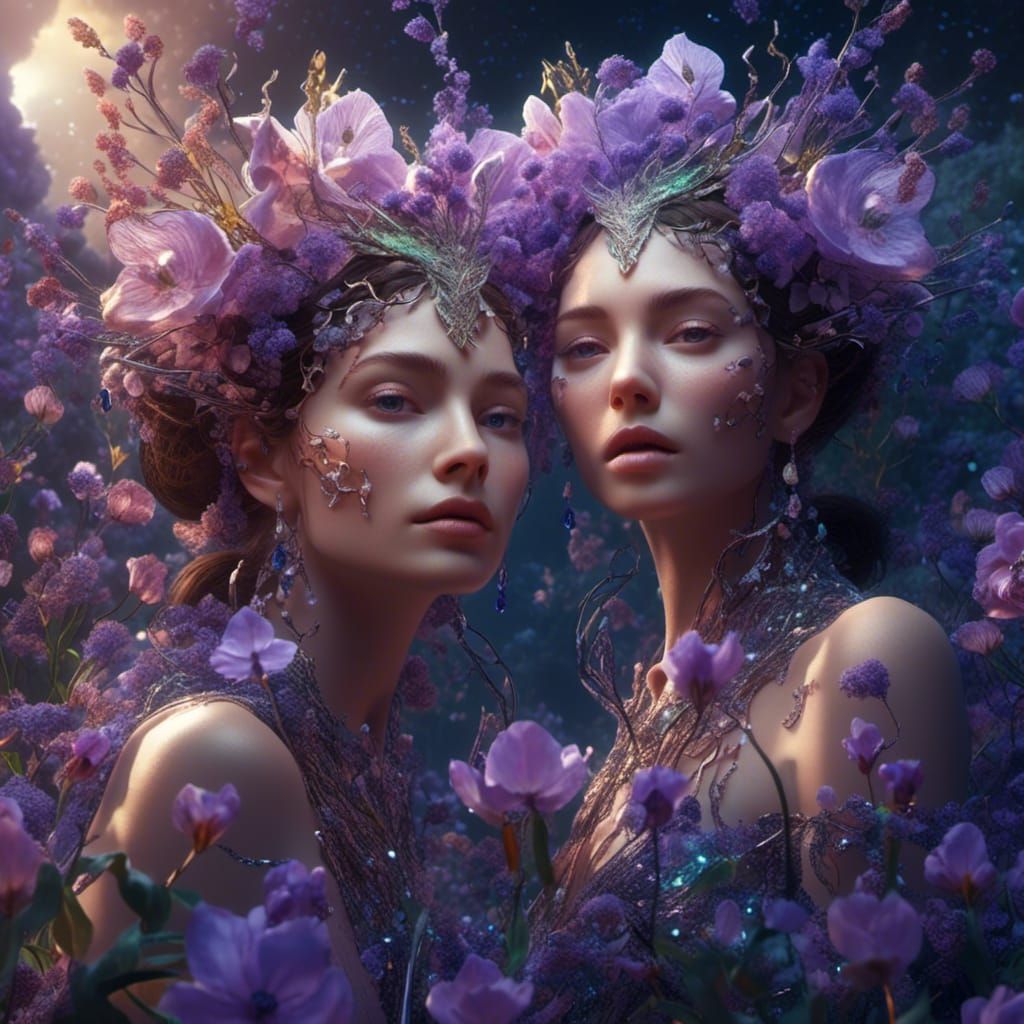 Hyperrealistic Twin Goddesses with Cosmic Elements