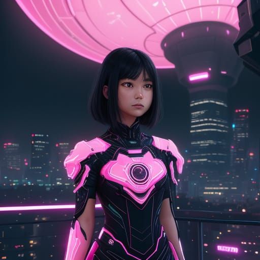 Futuristic Girl in Pink Dress with Holographic Accents