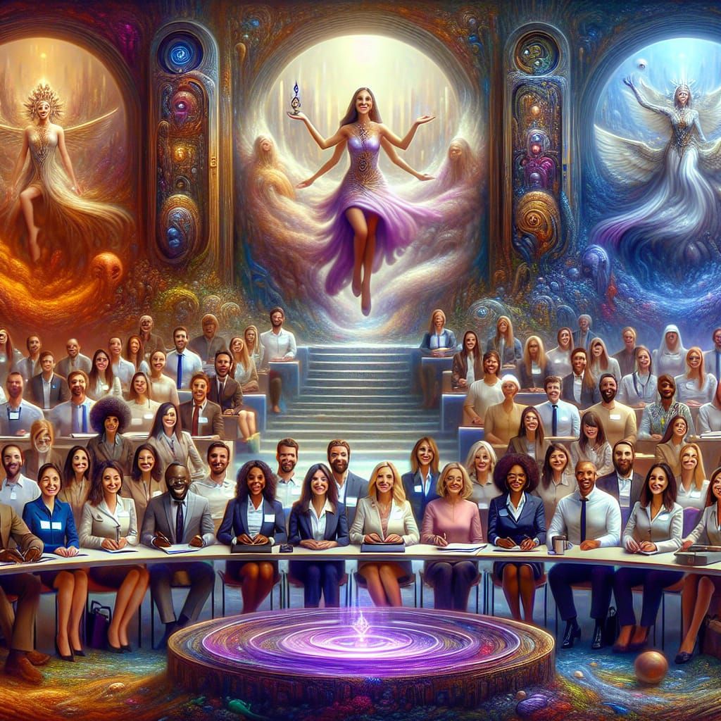 Fantastical Corporate Training Scene in Matte Painting Style