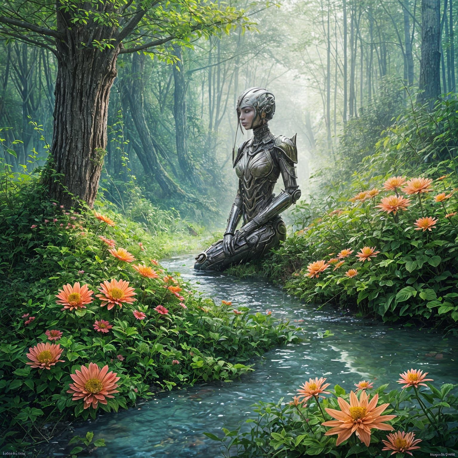Cyborg Goddess Harmonizes Nature and Technology