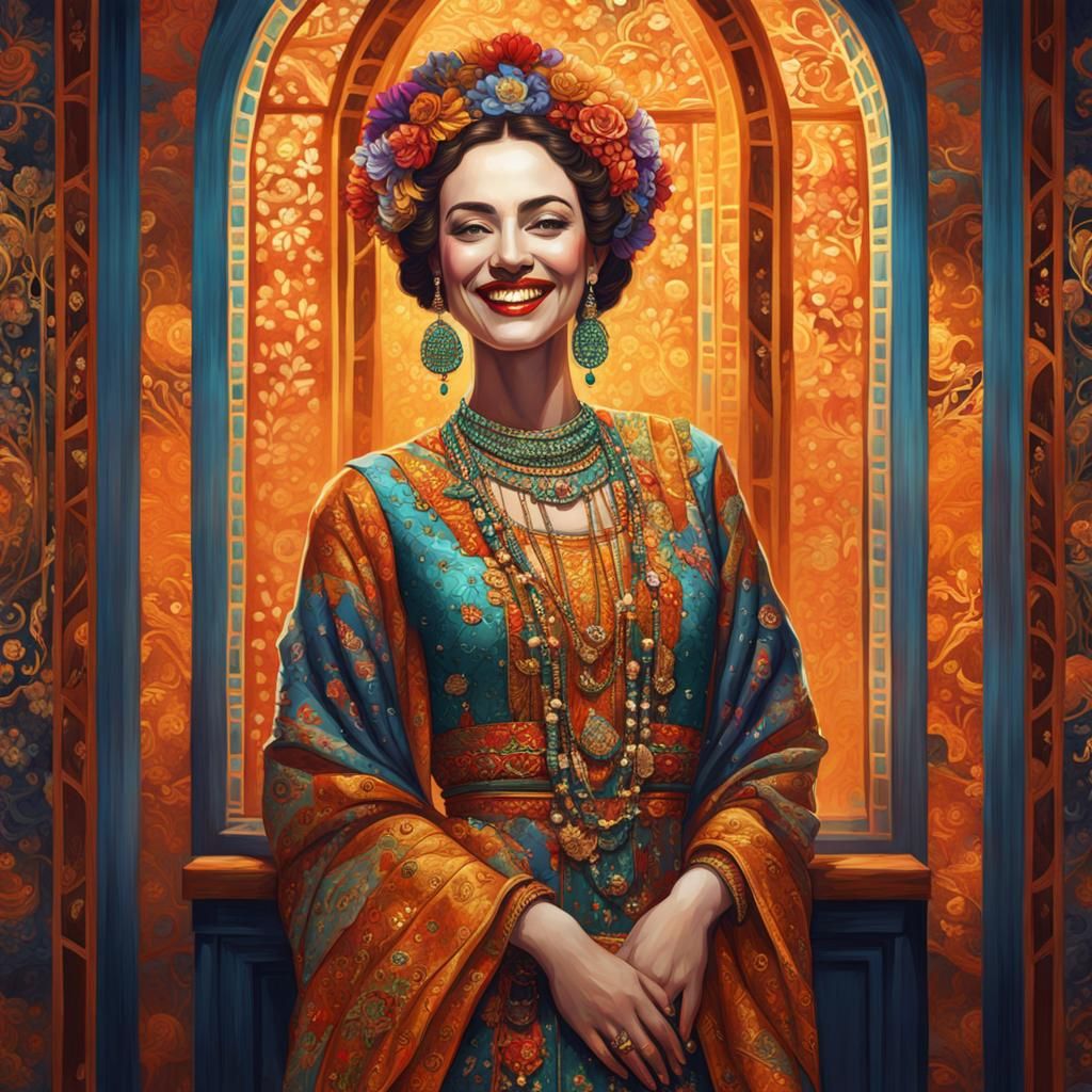 Woman in Ornate Dress, Klimt-Inspired Digital Art