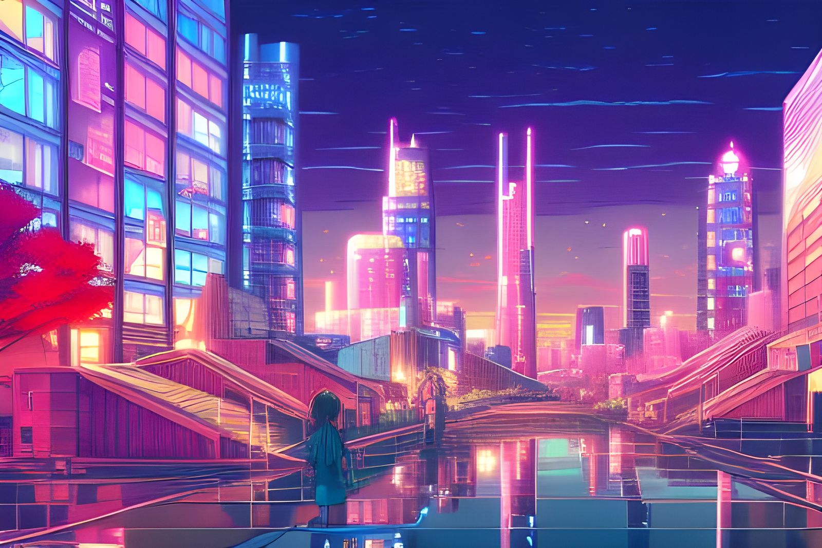 Hyperdetailed Anime Cityscape in Vaporwave Style