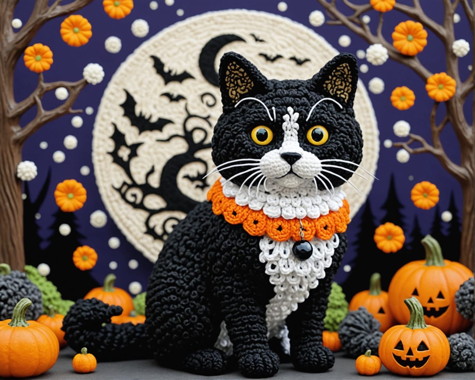 Halloween Cat in Starry Forest, Ceramic Art
