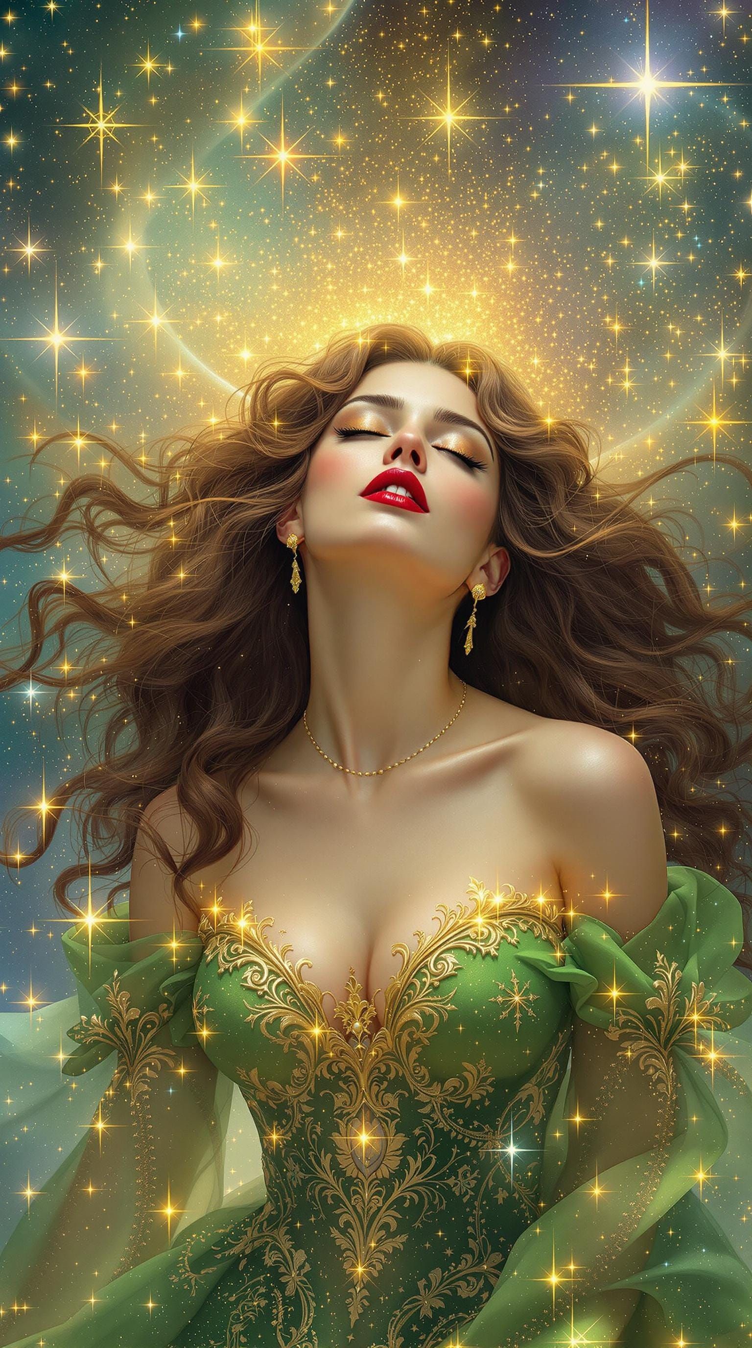 Ethereal Goddess in Baroque-Inspired Cosmic Gown