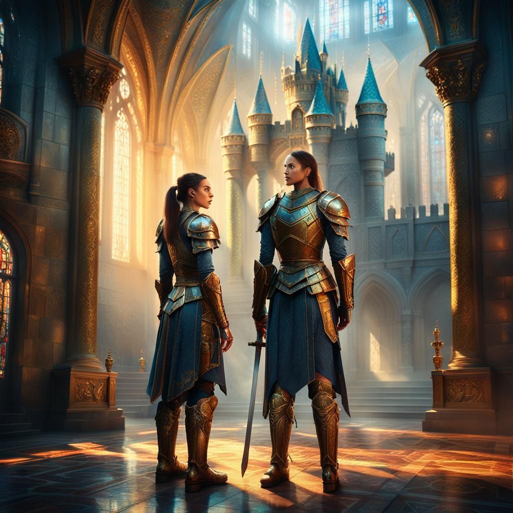 Female Warrior in Castle Hall: Oil Painting