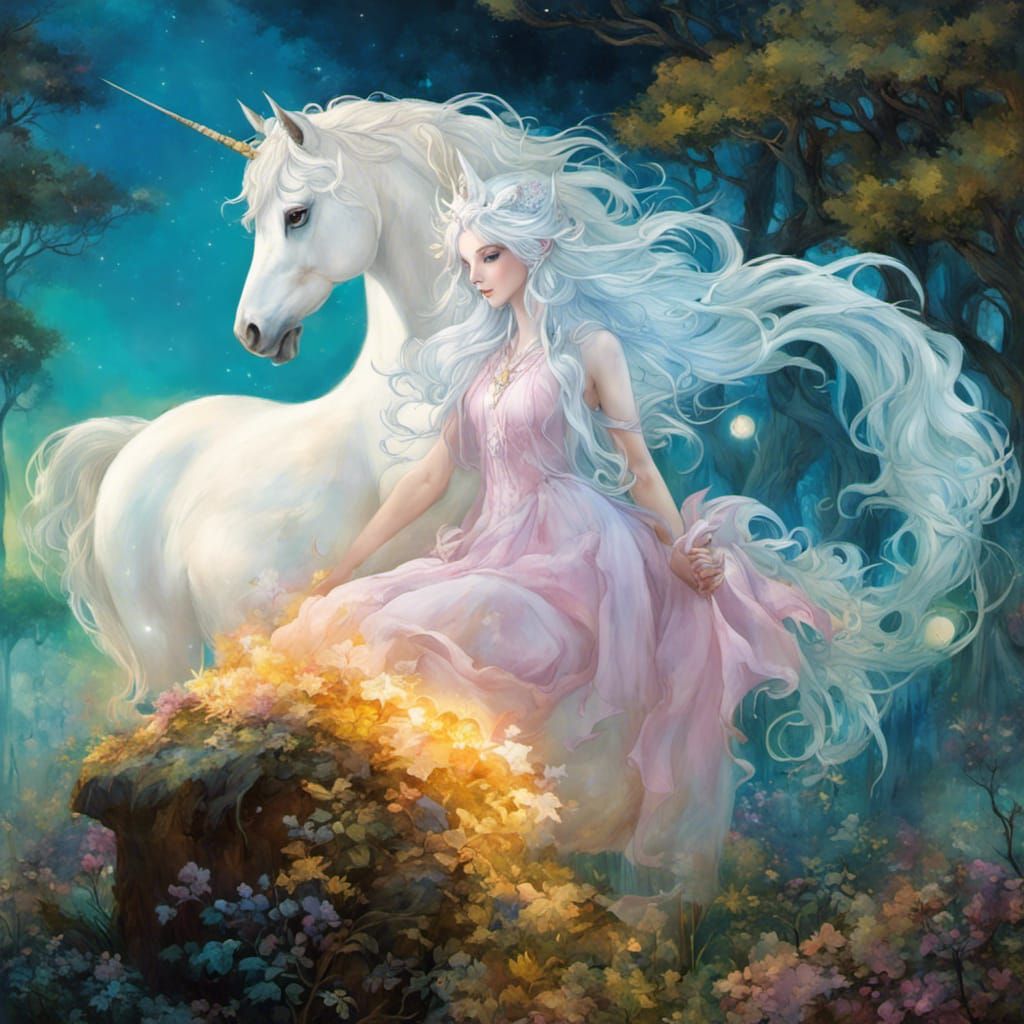 Opalescent Last Unicorn in Moonlit Forest