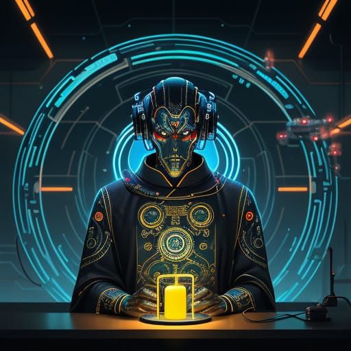 Futuristic Monk Robot Android in Neon-Lit Temple