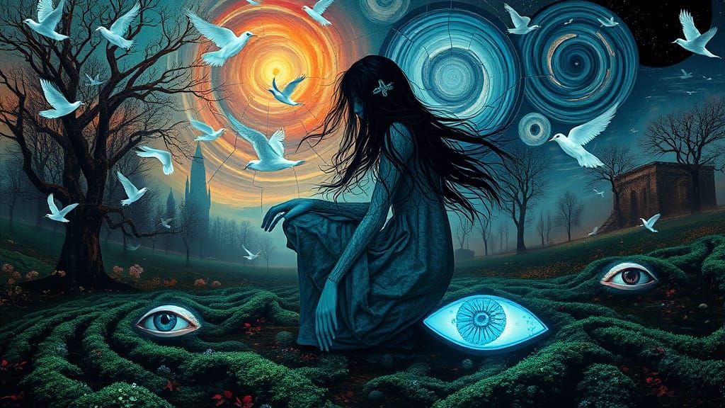 Surreal Collage: Glowing Creatures in Dreamlike Landscape