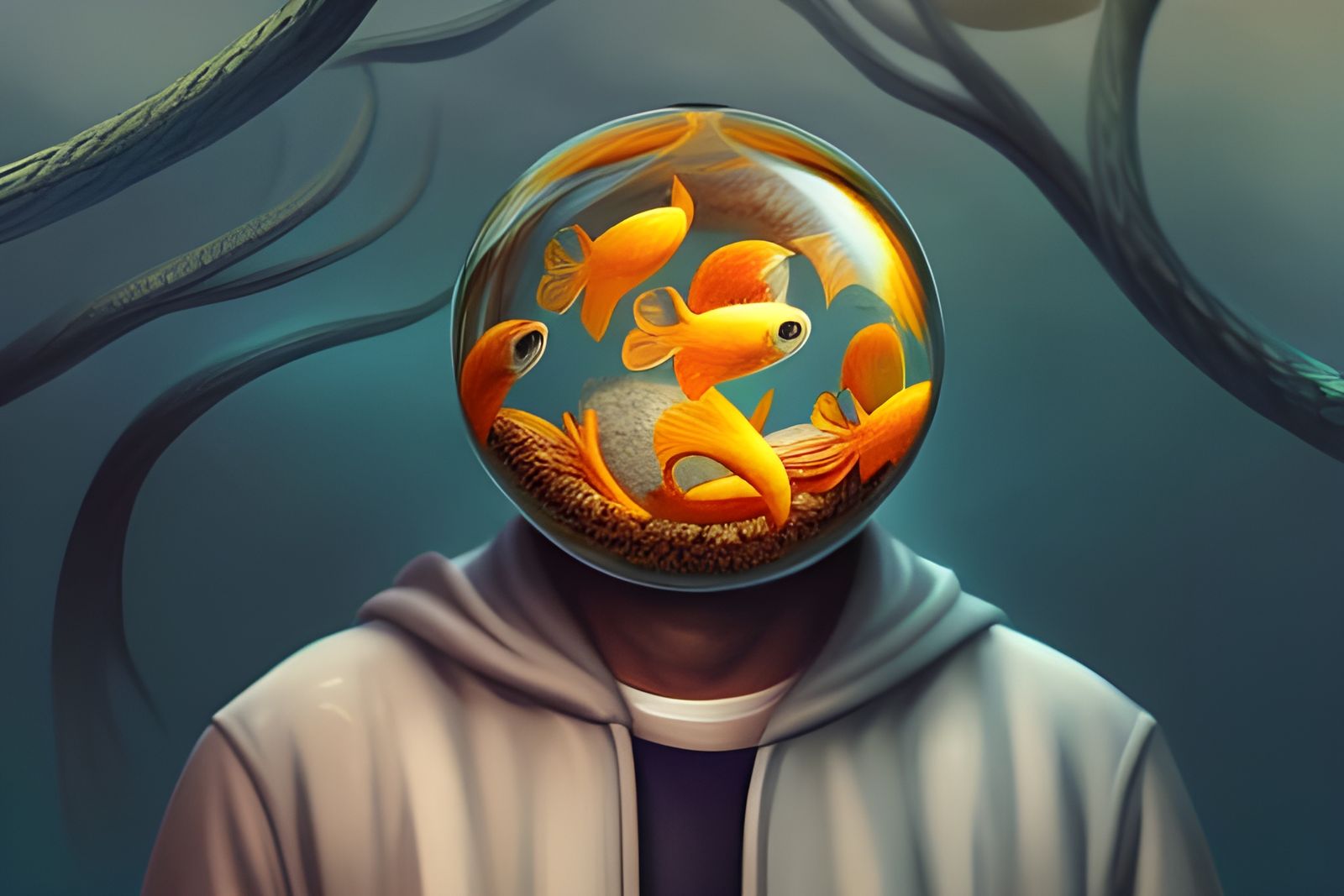 Man with Universe in Goldfish Bowl: Digital Art