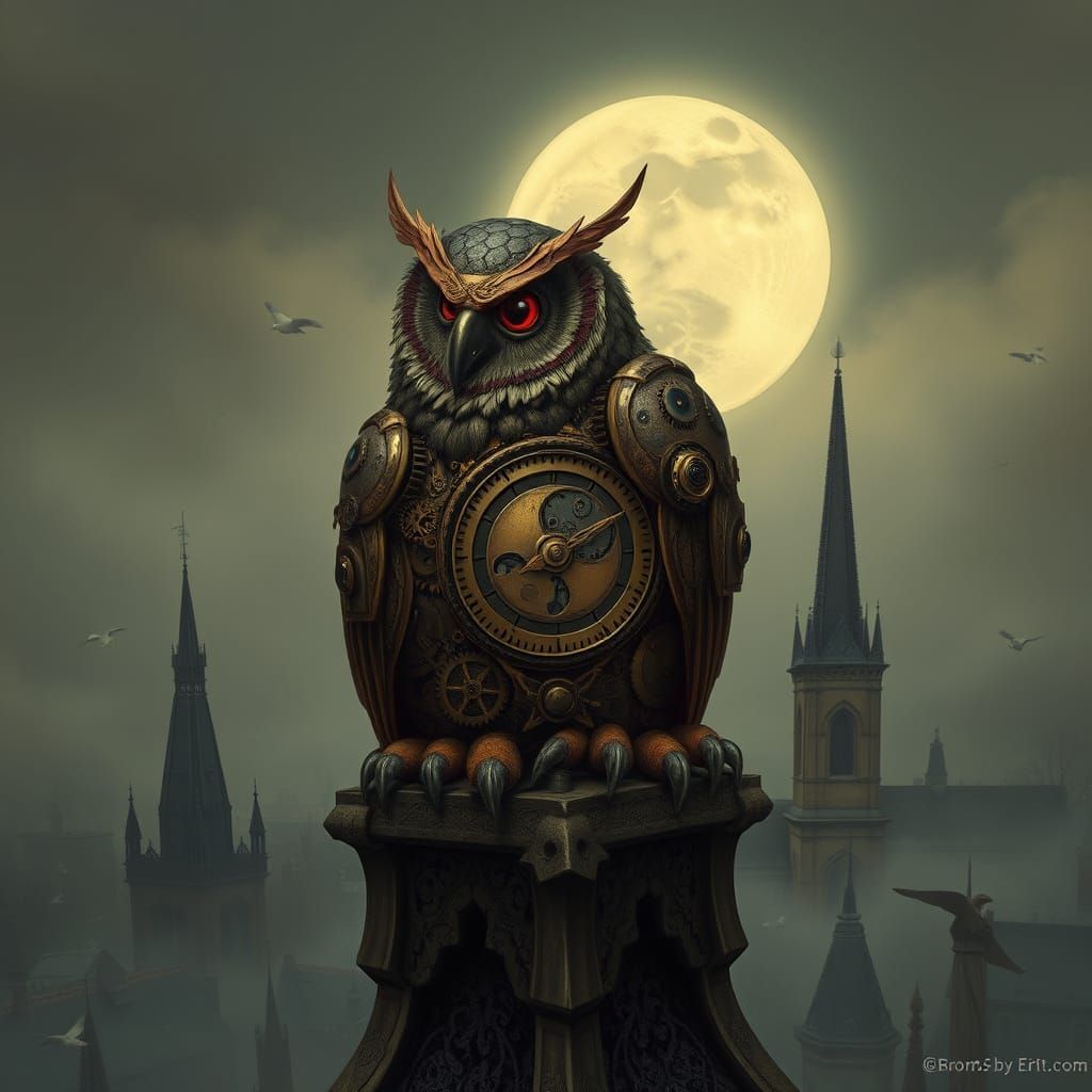 Clockwork Owl on Gothic Spire in Steampunk Style