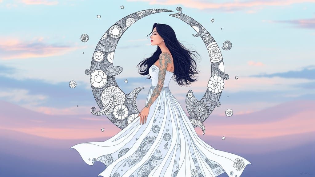 Moon Zentangle Woman in Pastel Night Sky