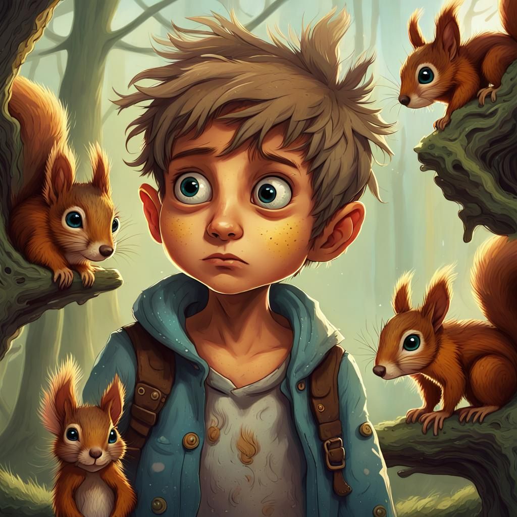Sad Boy with Squirrels: Children's Book Illustration