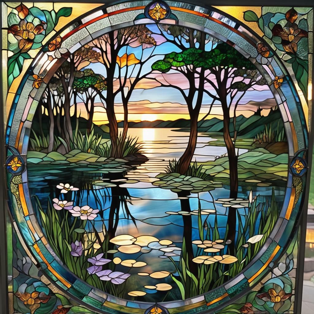 Stained Glass Art: Serene Pond at Sunset