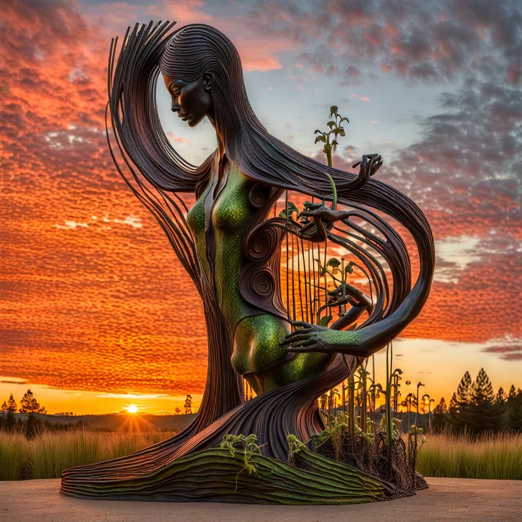 Surreal Sculpture: Woman, Sunset, and Pitcher Plants
