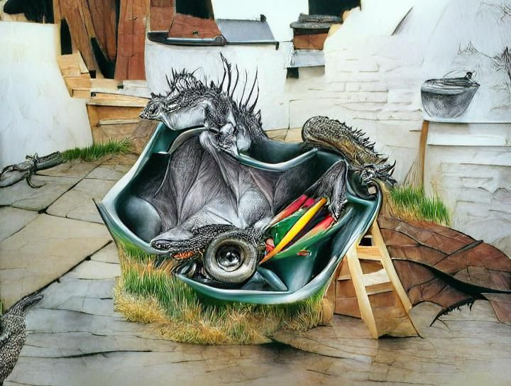 Dragon in Wheelbarrow: Hyperrealistic Image