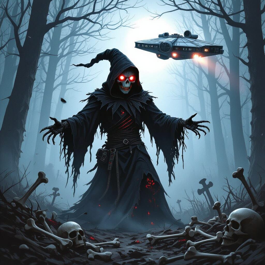 Skeletor Scarecrow in Misty Forest with Millennium Falcon