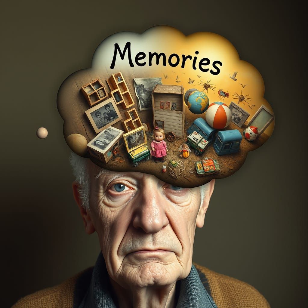 Elderly Man's Memories in Surreal Thought Bubble