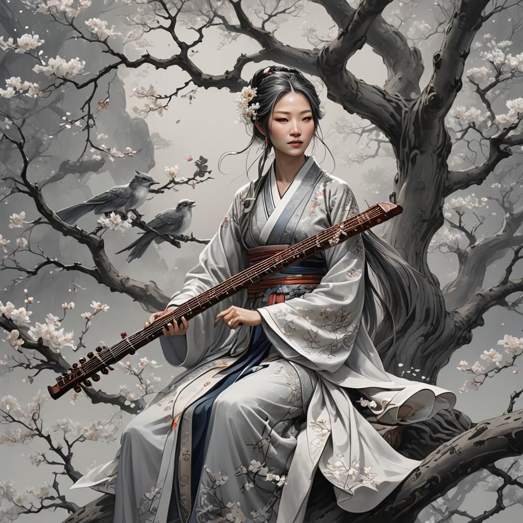 A female character sitting on a branch of a large tree, dres...