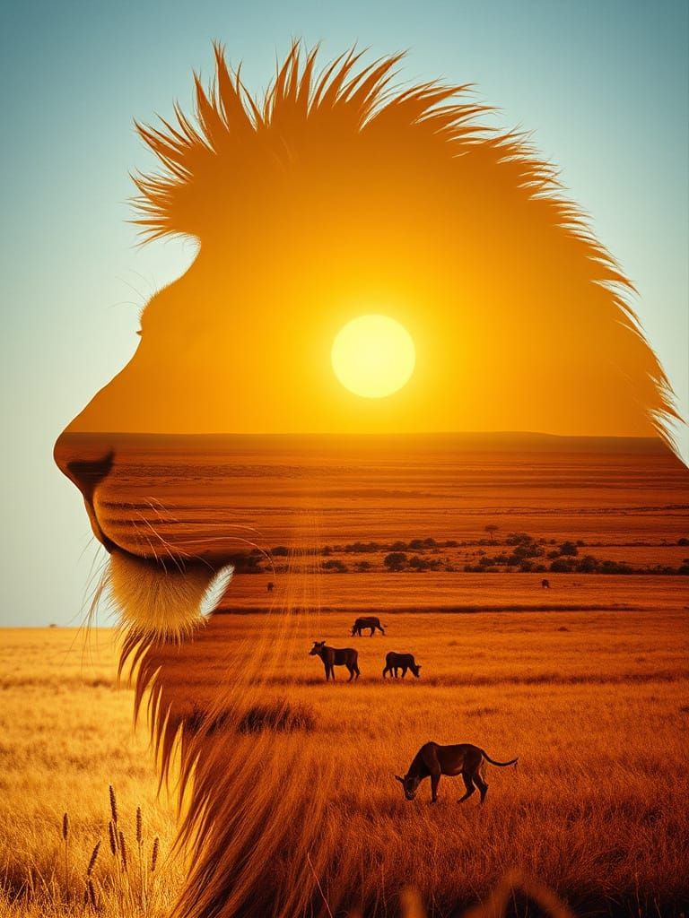 Lion Silhouette Double Exposure: African Plains