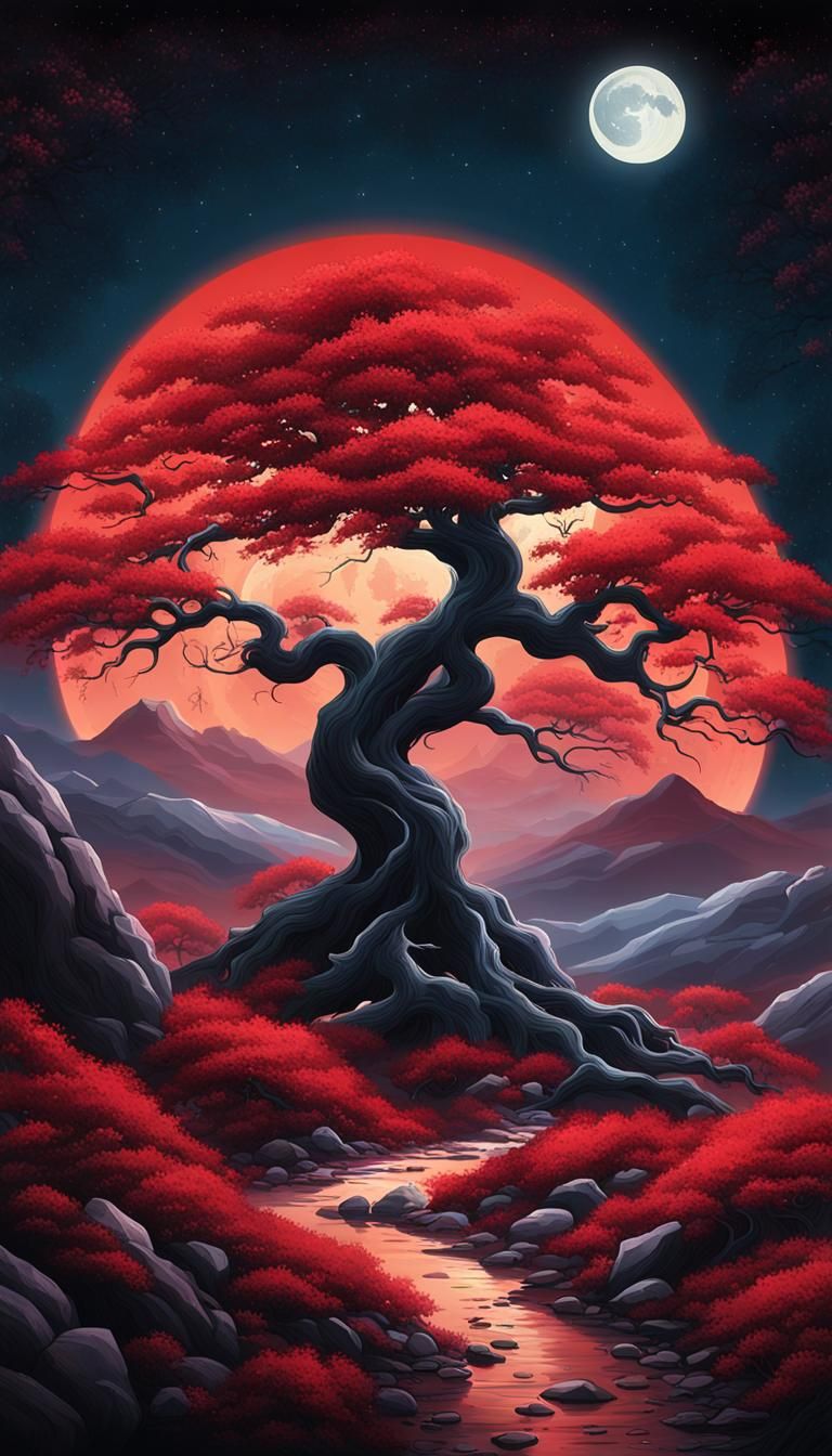 Mystical Landscape Under Red Moonlight