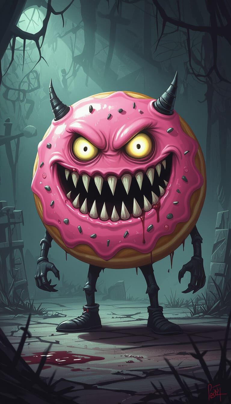 Creepy Donut Mascot with Monster Teeth and Evil Eye