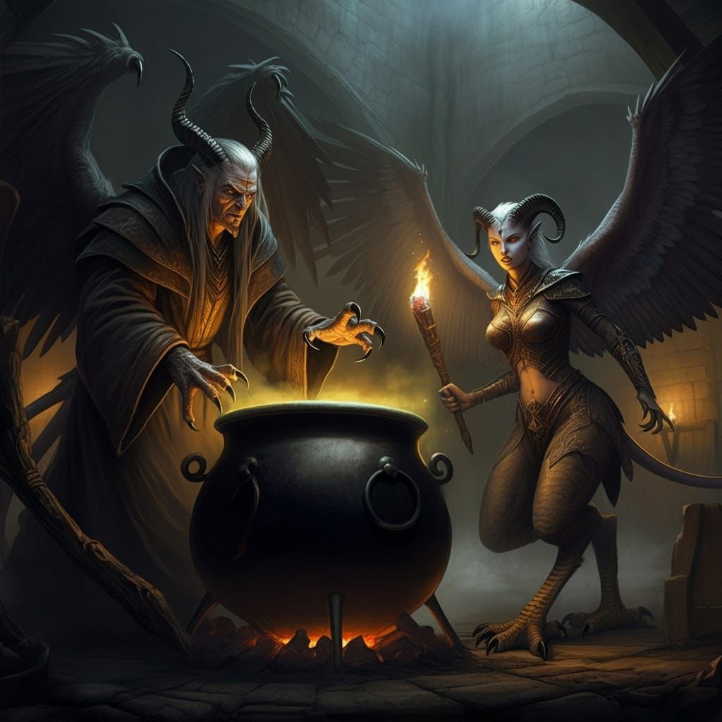 Dark Fantasy Sorcerer in Mystic Cellar with Cauldron