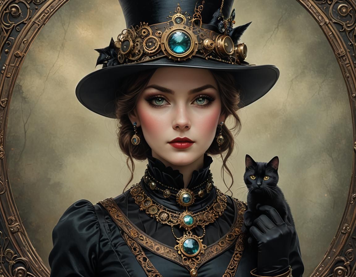 steampunk lady and her cat