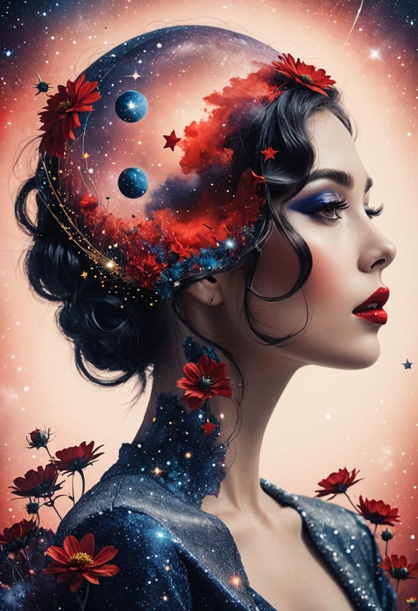 Surreal Woman with Red Lips and Cosmic Background