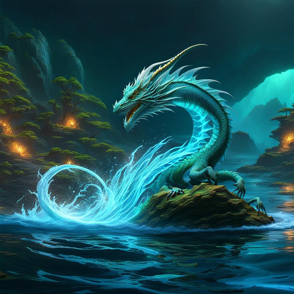 Elegant Bioluminescent Water Dragon Concept Art