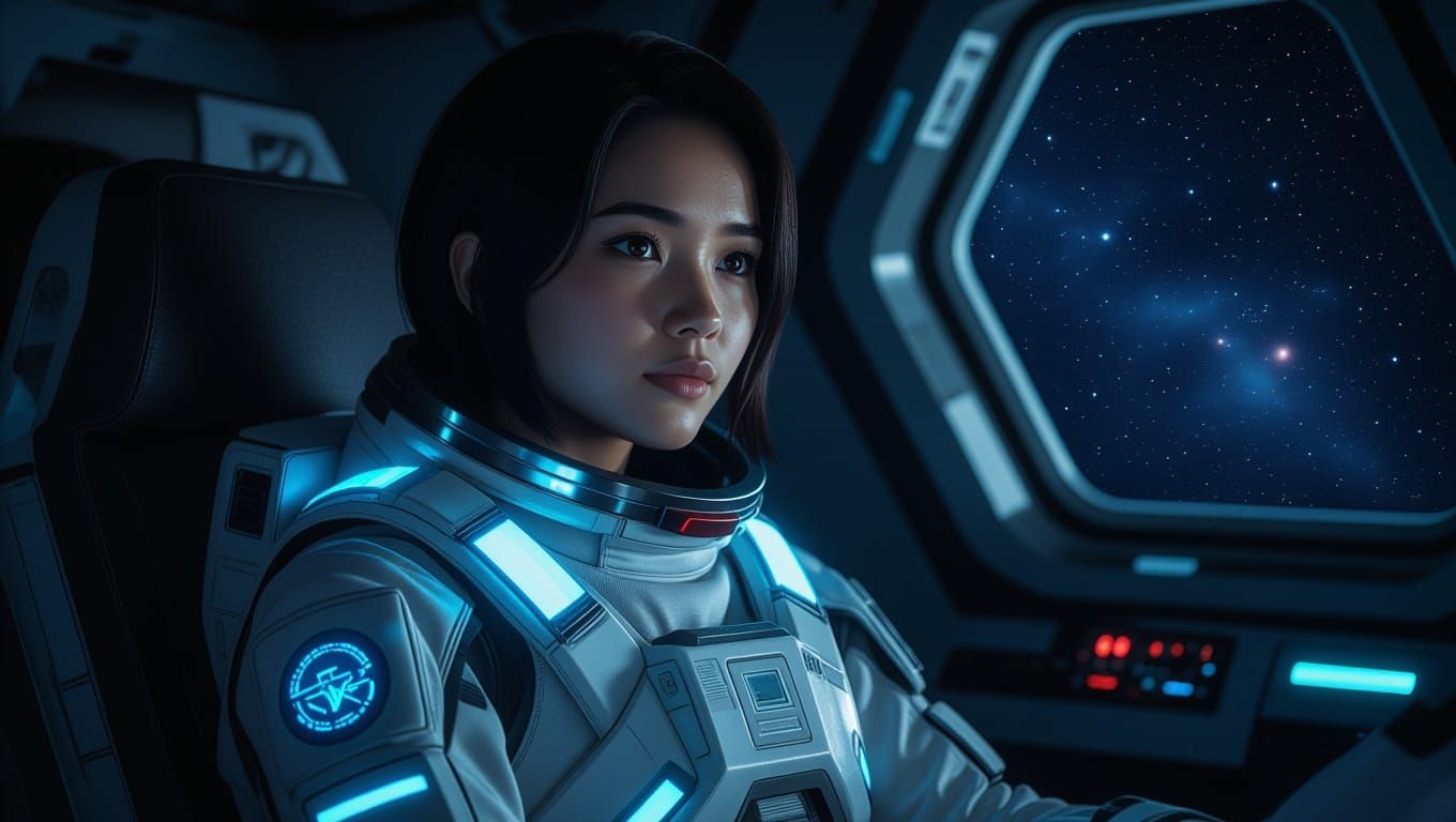 Melancholic Astronaut Contemplates Stars in Sci-Fi Cockpit