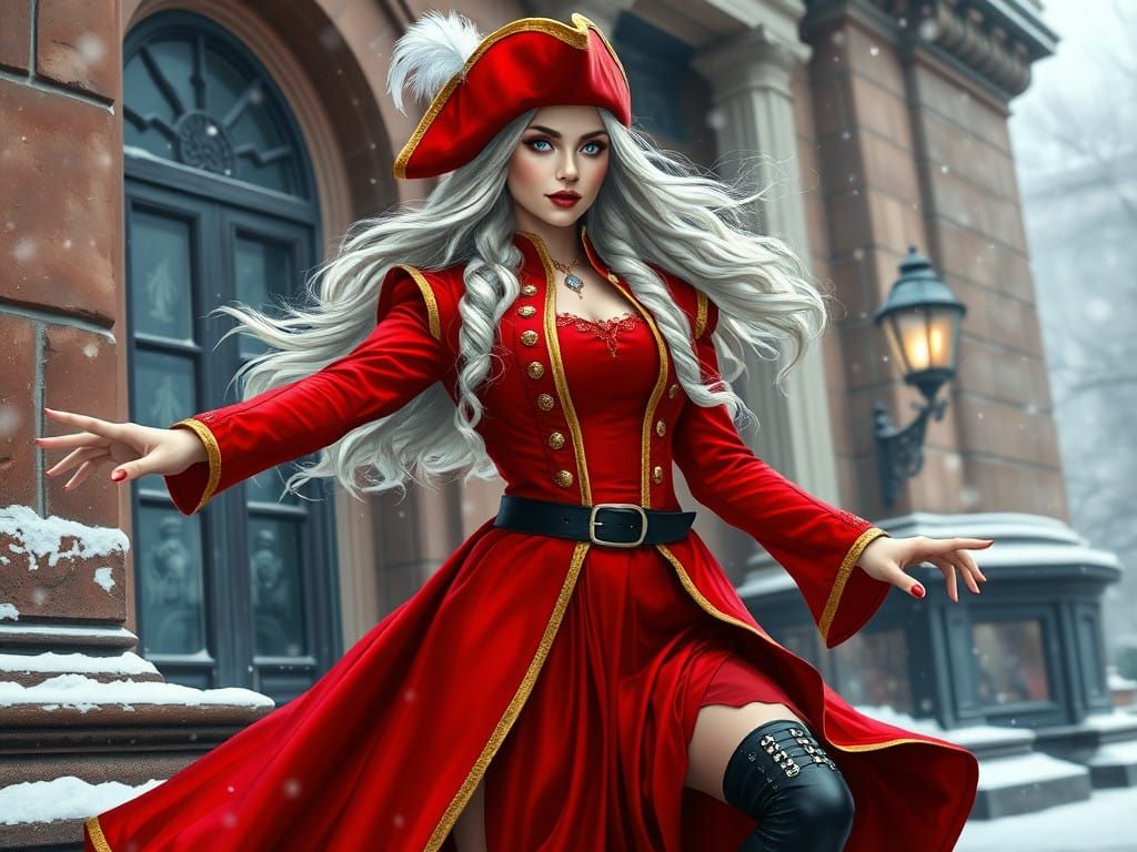 Fantasy Portrait of Elegant Woman in Snowy Urban Landscape