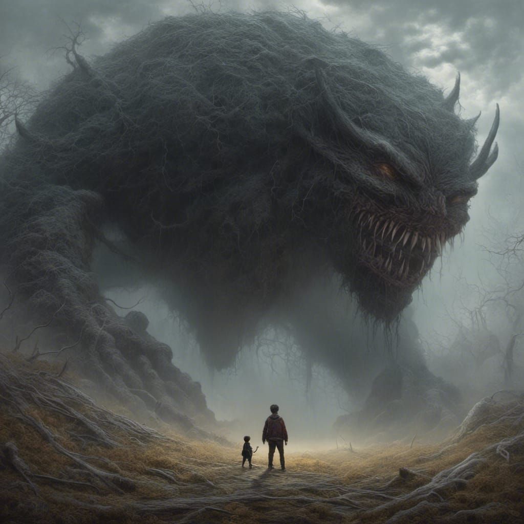 Boy and Monster in Hyperdetailed Horror Art