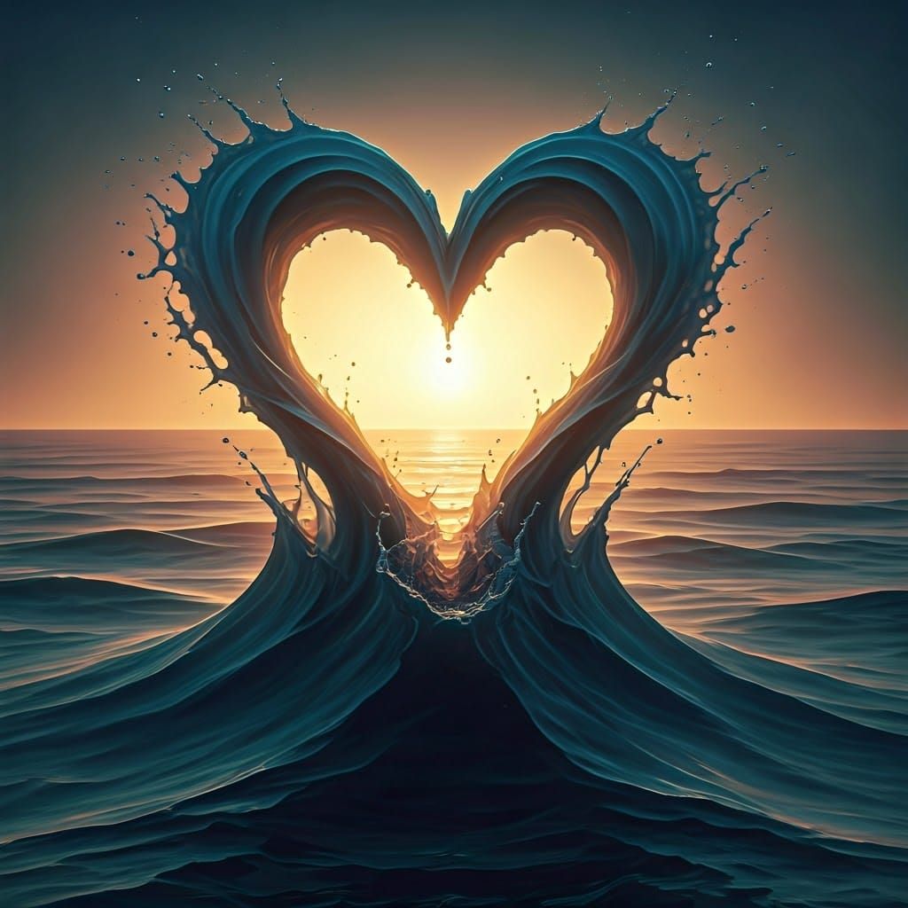 Heart-Shaped Splash at Sunset: Hyperrealistic Art Deco Paint...