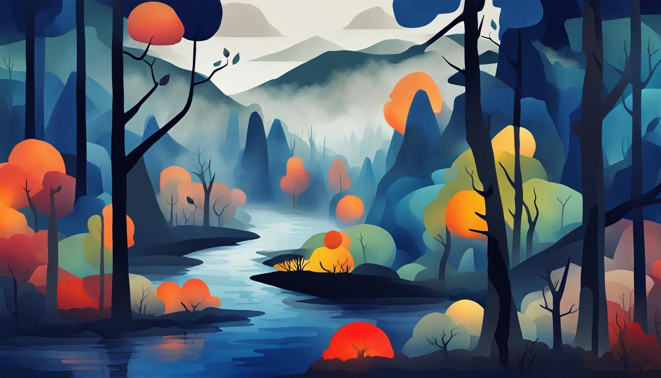 Colorful Misty Forest in Naive Art Style