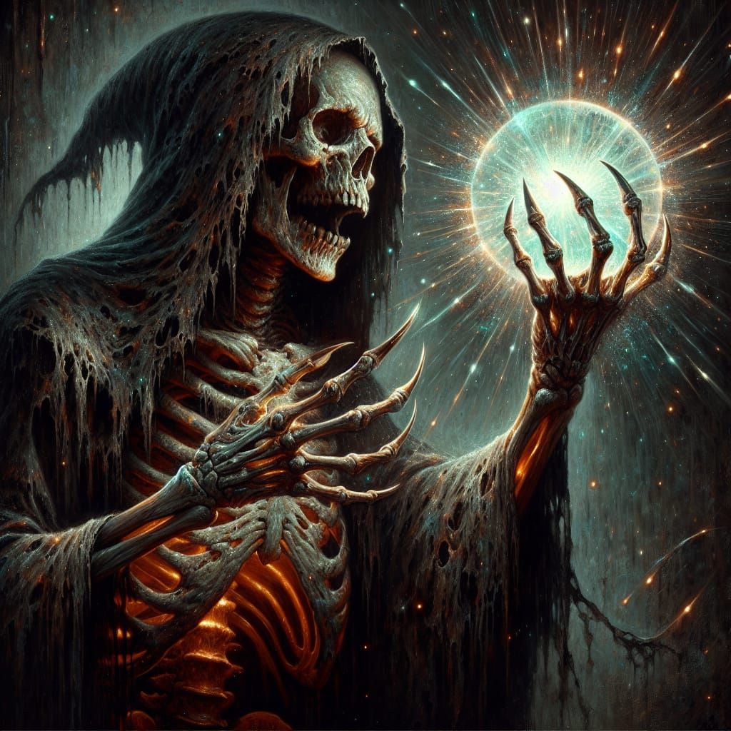 Eerie Grim Reaper Absorbing Energy in Dark Oil Painting