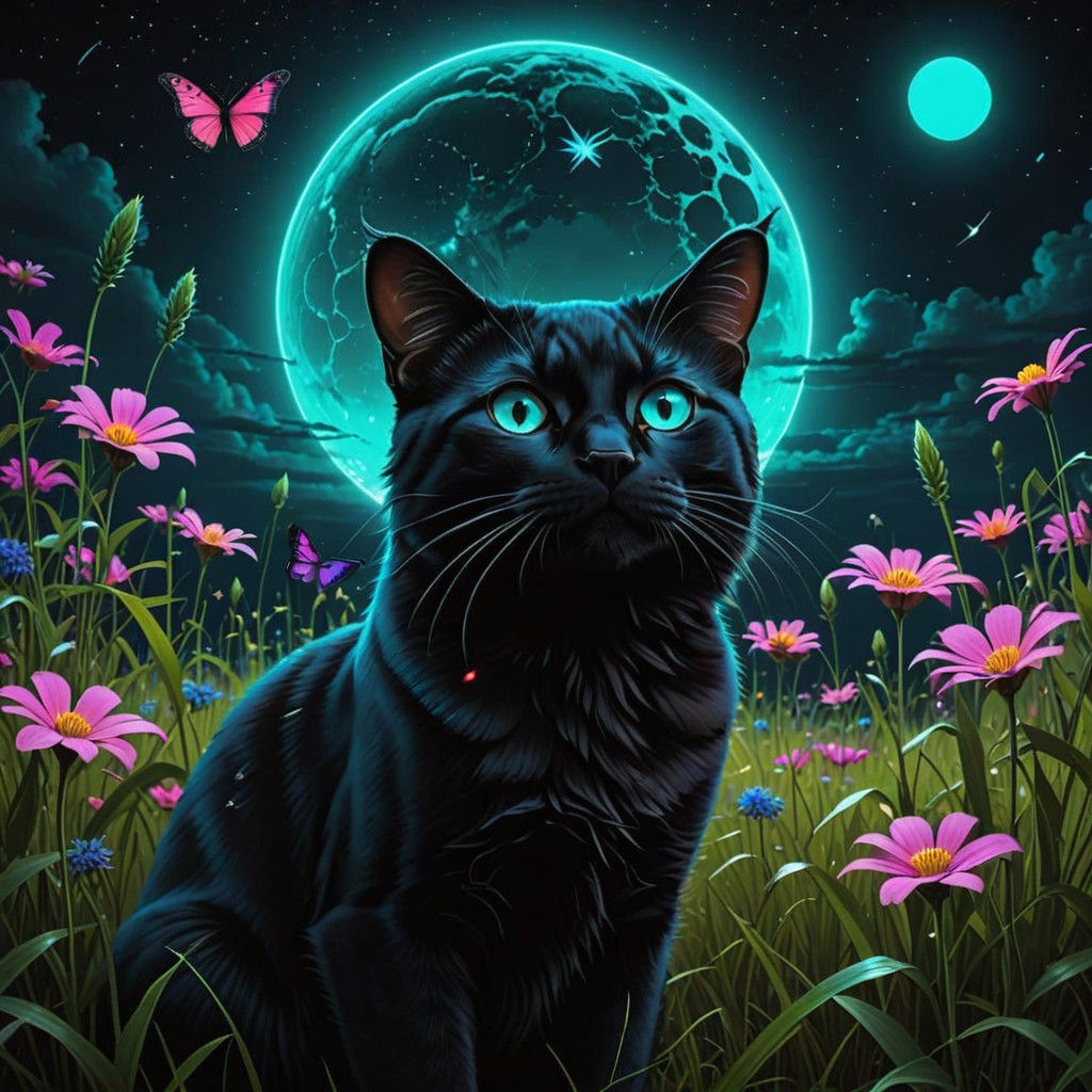 Stunning Bioluminescent Butterfly soars Above a Black Cat in...