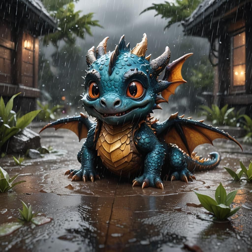 Sad Baby Dragon Crying in the Rain