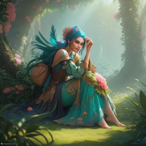 Woman with Peacock Feather Hair: Fantasy Concept Art