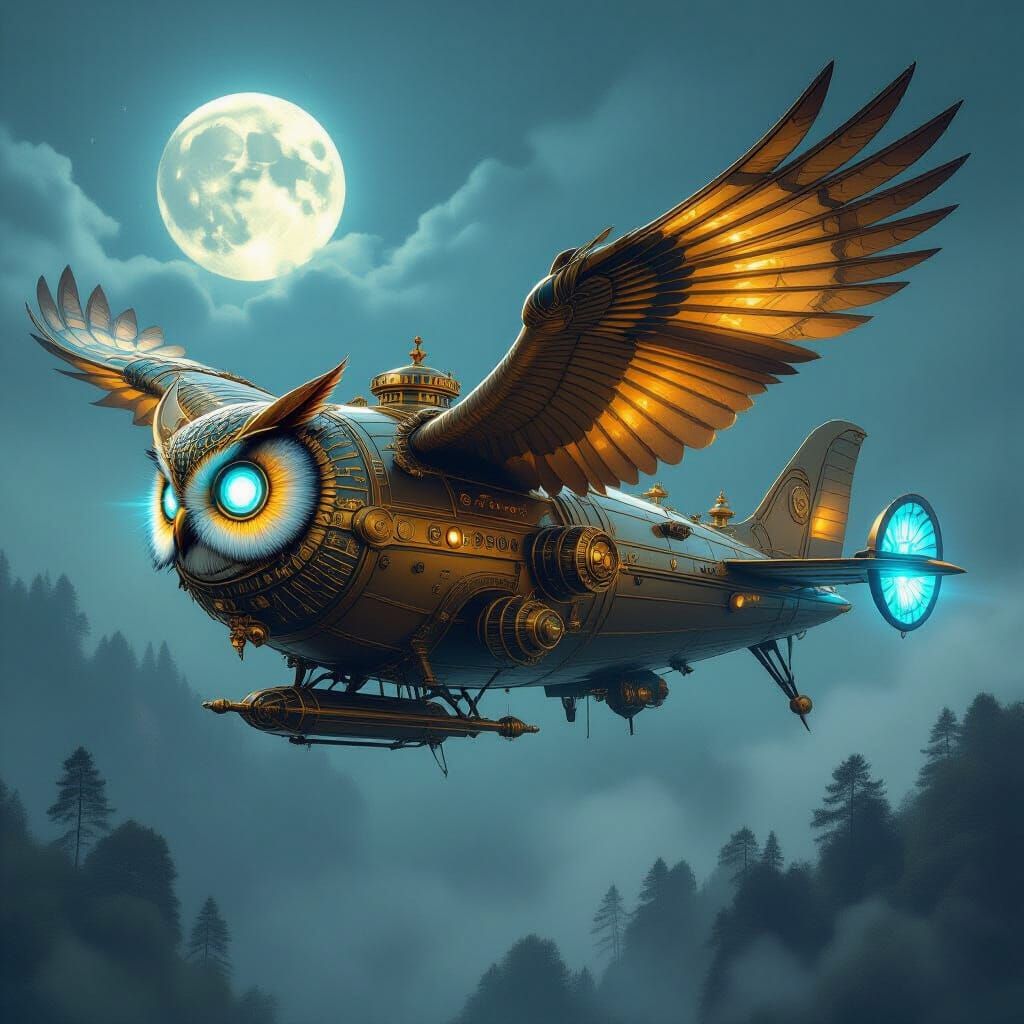 Steampunk Owl Airship Soaring Through Misty Sky