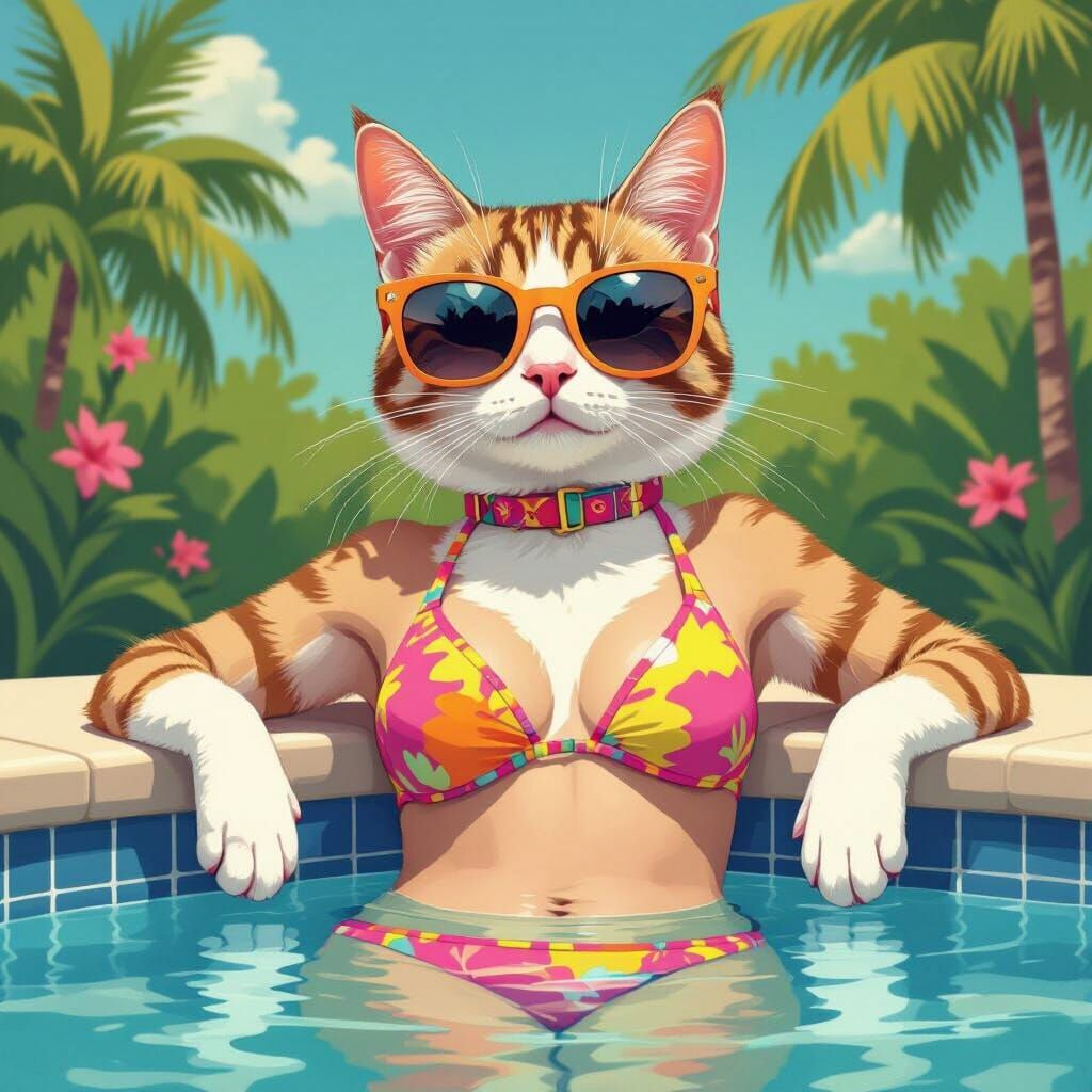 Stylish Cat in Bikini Lounges by Pool in Pastel Style