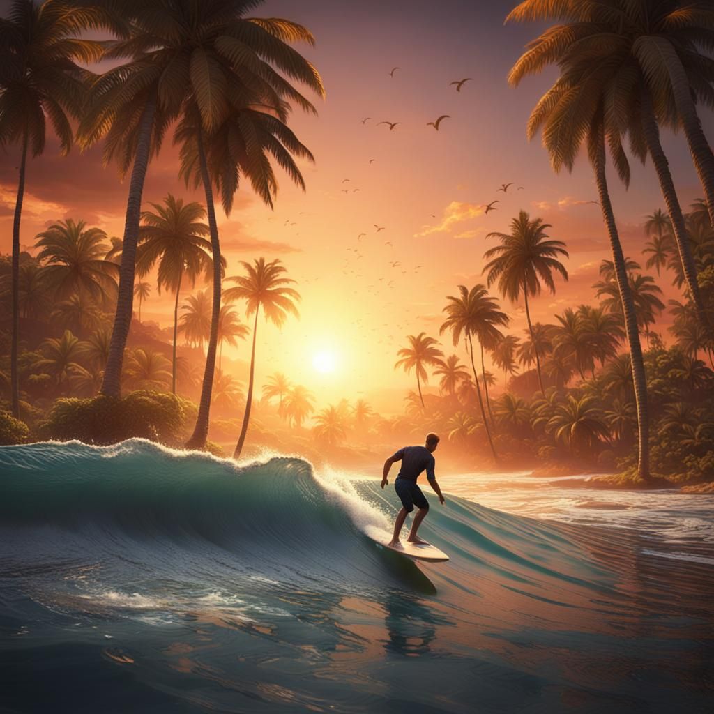 Surfer at Sunset: Detailed Fantasy Beach Scene